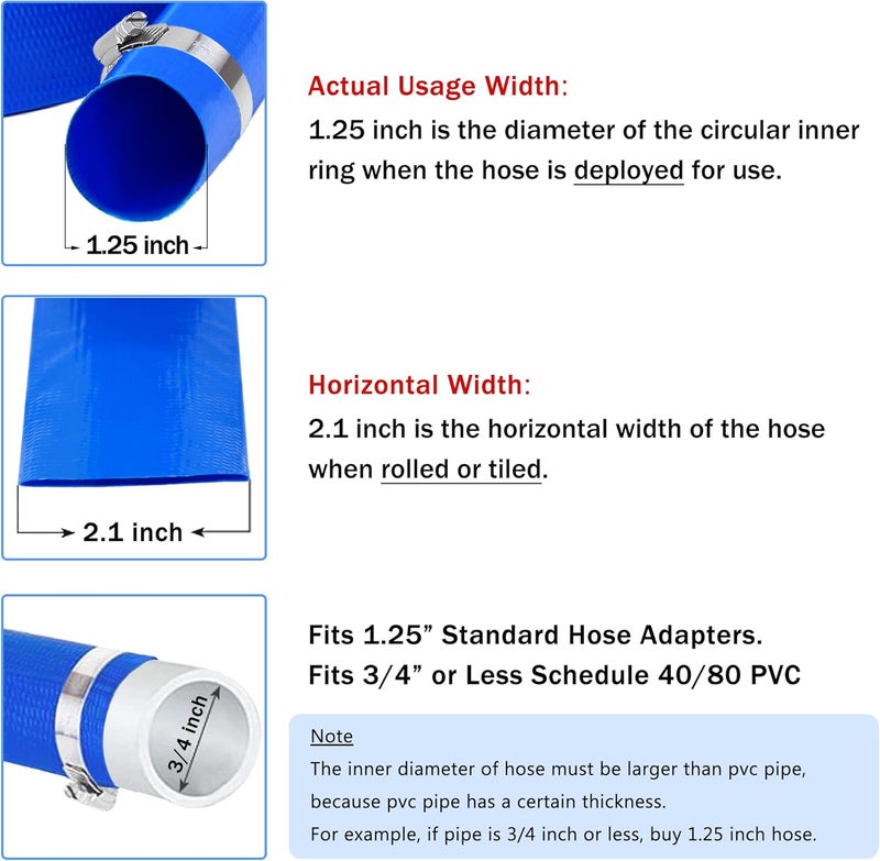 DAVCO 1.25" x 50 ft Pool Backwash Hose, Heavy Duty Reinforced Blue PVC Lay Flat Water Discharge Pump Hoses For Swimming Drain Pools and Clean Filters,with 1 Clamp - Image 2